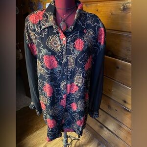 VINTAGE 80’s EXPOSE Floral Button-Up Shirt with Red and Black Design